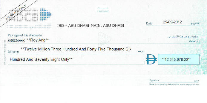 Printed Cheque of Abu Dhabi Commercial Bank (ADCB) Islamic Banking (Business Choice Account - Silver) UAE