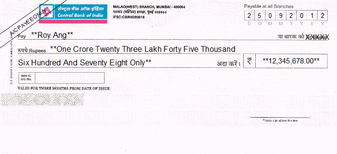 Printed Cheque of Central Bank of India Printed Cheque of Central Bank of India