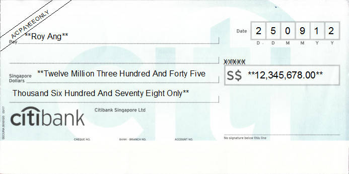 Printed Cheque of Citibank Singapore