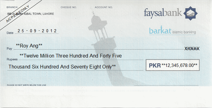 Printed Cheque of Faysal Bank - Islamic in Pakistan