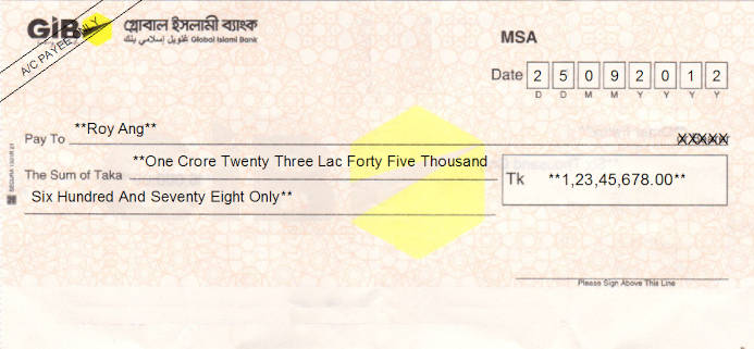 Printed Cheque of GIB (Global Islami Bank) in Bangladesh Printed Cheque of GIB (Global Islami Bank) in Bangladesh