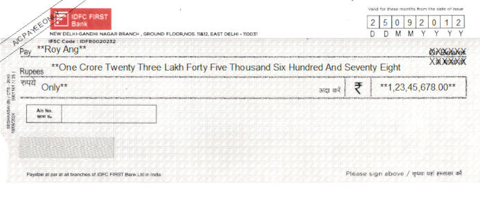 Printed Cheque of IDFC First Bank in India Printed Cheque of IDFC First Bank in India