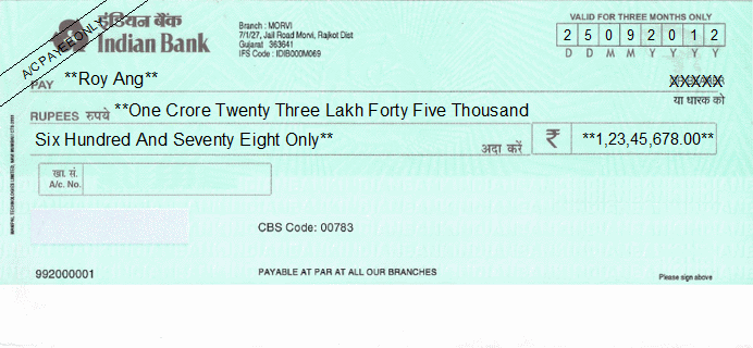 Printed Cheque of Indian Bank