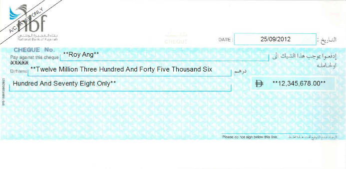 Printed Cheque of NBF (Current) in UAE