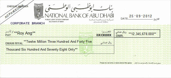 Printed Cheque of National Bank of Abu Dhabi in Oman