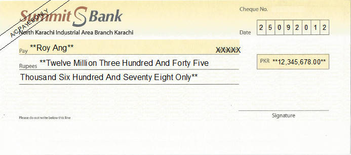 Printed Cheque of Summit Bank Pakistan