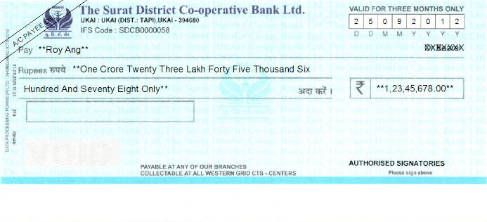 Printed Cheque of The Surat District Co-operative Bank in India