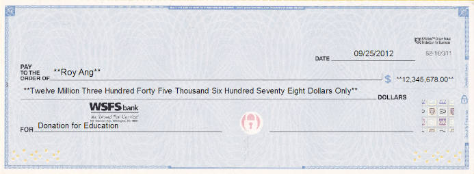 Printed Check of WSFS Bank in United States